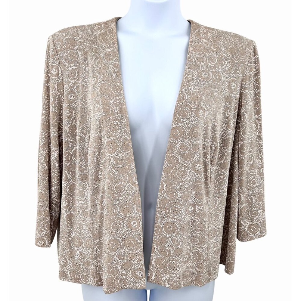ALEX EVENINGS METALLIC RAISED SWIRL PRINT BEIGE & WHITE OPEN FRONT JACKET 22W